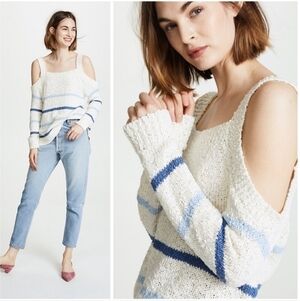 Cupcakes and Cashmere Cold Shoulder Sweater White Blue Stripe Soft Cozy Cute EUC